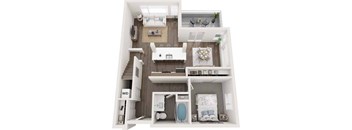 A 3D floor plan of a small apartment with a bedroom, living room, and bathroom.
