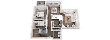 A top-down view of a small apartment with a kitchen, living room, and bedroom.
