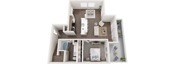 A top-down view of a small apartment with a kitchen, living room, and bedroom.