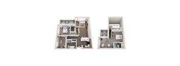 A diagram of a house layout with two bedrooms, a living room, a kitchen, and a bathroom.