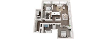 A top-down view of a small, well-organized apartment with a kitchen, living room, and bedrooms.