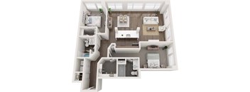 A top-down view of a small apartment with a kitchen, living room, and bathroom.