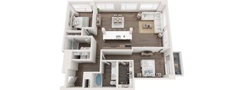 A 3D floor plan of a house with a kitchen, living room, and bathroom.