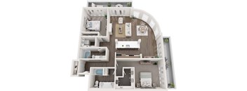 A 3D floor plan of a house with multiple rooms and furniture.