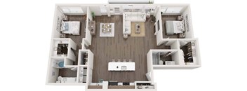 A top-down view of a small, well-organized apartment with a kitchen, living room, and bedroom.