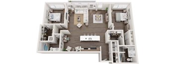 A top-down view of a well-organized apartment with a kitchen, living room, and bedrooms.