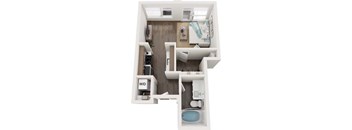 A floor plan of a small apartment with a bedroom, living room, and bathroom.