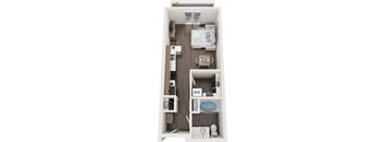 A top-down view of a small, neatly organized apartment with a bed, a desk, and a kitchenette.