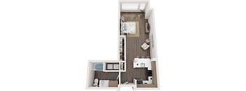 A small apartment with a bedroom, bathroom, and kitchen.