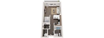 A top down view of a small apartment with a bed, desk, and shelves.