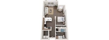 A top-down view of a small apartment with a kitchen, living room, and bathroom.