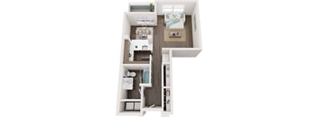 A top-down view of a small apartment with a kitchen, living room, and bathroom.
