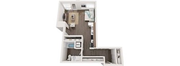 A floor plan of a small apartment with a kitchen, living room, and bathroom.