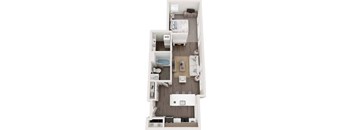 A top-down view of a small apartment with a bed, a desk, and a kitchenette.