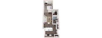 A top-down view of a small apartment with a bed, desk, and kitchenette.