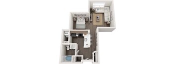 A white and wood floor plan of a small apartment with a bedroom, bathroom, and kitchen.