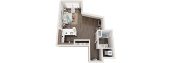 A 3D floor plan of a small apartment with a kitchen, living room, and bathroom.