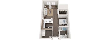 A top-down view of a small apartment with a bedroom, living room, and kitchen.