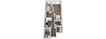 A small apartment with a kitchen, living room, and bathroom.