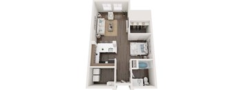 A top-down view of a small apartment with a kitchen, living room, and bedroom.
