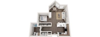 A 3D rendered image of a modern house layout.