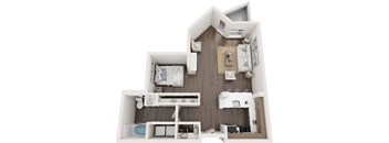 A top-down view of a small, well-organized apartment with a kitchen, living room, and bathroom.