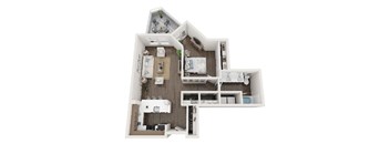 A top down view of a house with a kitchen, living room, and bedrooms.