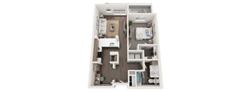 A top-down view of a small apartment with a kitchen, living room, and two bedrooms.