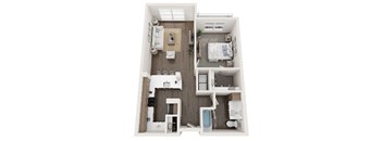 A top down view of a small apartment with two bedrooms, a living room, a kitchen, and a bathroom.