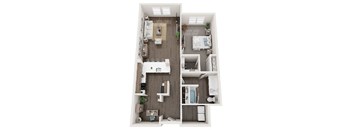A top-down view of a small apartment with a kitchen, living room, and bedroom.