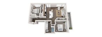 A top-down view of a small apartment with a kitchen, living room, and two bedrooms.