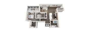 A top-down view of a house layout with a kitchen, living room, dining room, and bedrooms.