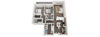 A floor plan of a small apartment with two bedrooms, a living room, a kitchen, and a bathroom.