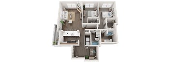A top-down view of a small apartment layout with a kitchen, living room, and bedrooms.