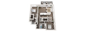 A top-down view of a small apartment with a kitchen, living room, and bathroom.