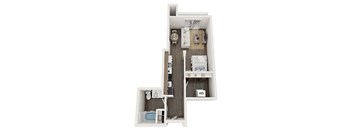 A floor plan of a small apartment with a kitchen, living room, and bathroom.