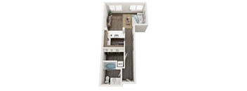A floor plan of a small apartment with a bedroom, living room, and bathroom.