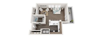 A top-down view of a small apartment with a kitchen, living room, and bathroom.