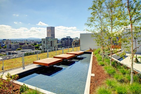 A pool with a view of the city.