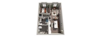 A floor plan of a small apartment with a kitchen, living room, and bathroom.