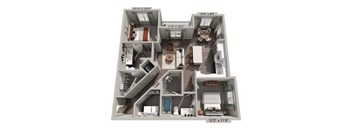 A 3D floor plan of a house with a living room, kitchen, and two bedrooms.