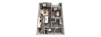 A floor plan of a two bedroom apartment with a living room and a kitchen.