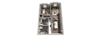A 3D floor plan of a small apartment with a kitchen, living room, and bathroom.