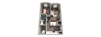A floor plan of a small apartment with a kitchen, living room, and bathroom.
