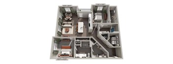 A 3D floor plan of a house with a living room, kitchen, and two bedrooms.