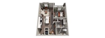 A floor plan of a small apartment with a kitchen, living room, and bedroom.