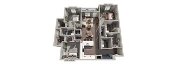 A 3D floor plan of an apartment with dimensions and room labels.