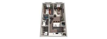 A floor plan of a small apartment with a bedroom, living room, and kitchen.