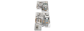 A 3D floor plan of a two-story residential building.