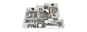 A 3D image of a house layout with a living room, kitchen, and bathroom.